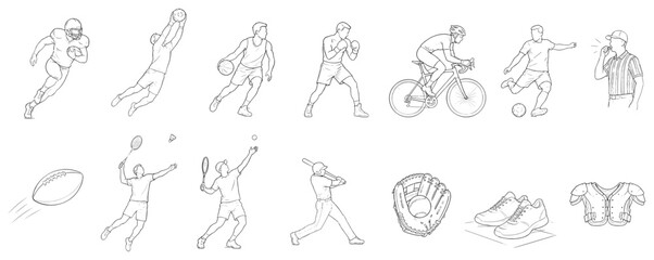 Fototapeta premium Diverse athletes and sports equipment depicted in a clean line art style