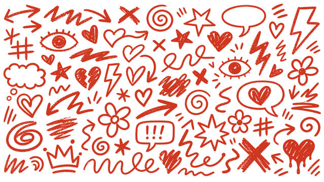 Collection of red hand-drawn doodle icons and symbols on a white background