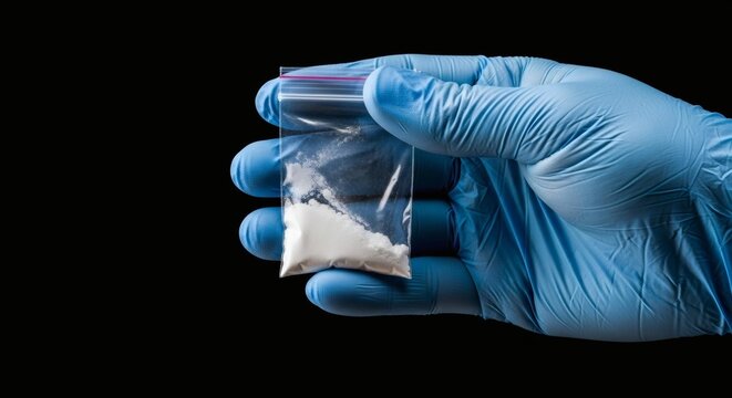 Hand in Blue Glove Holding Bag of White Powder Substance.