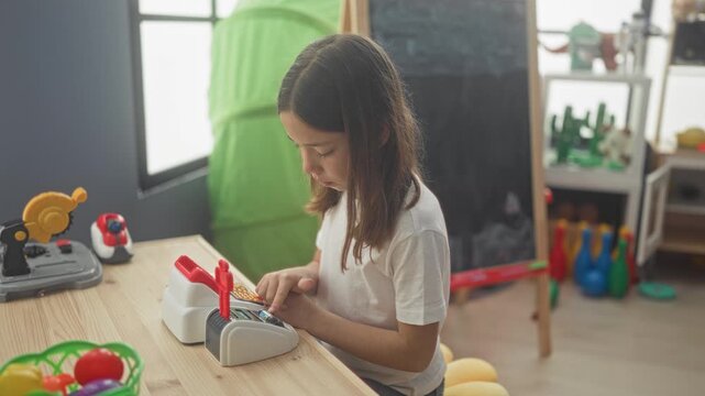 Little girl pressing buttons on a toy cash register with fingers and focused gaze in a building playroom; concentration imagination play.