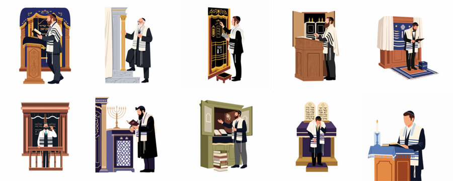 Collection of flat illustrations depicting Jewish men praying and performing religious rituals in a synagogue setting wearing traditional tallit and kippah.