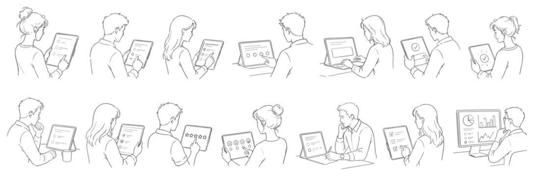Diverse people interacting with digital devices for various tasks and feedback