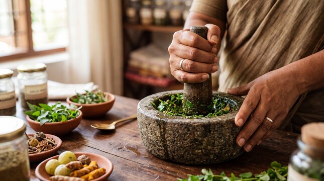 Hands grinding herbs and spices in a mortar and pestle