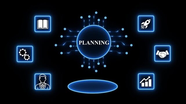 Digital concept of planning with interconnected icons and 4k glowing central circle strategy organization.4k technology Animation.4k video..