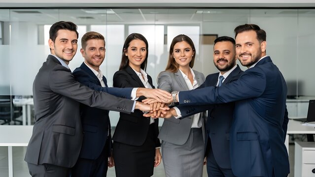 Diverse Group of Business Professionals Stacking Hands Together in Modern Office Workspace