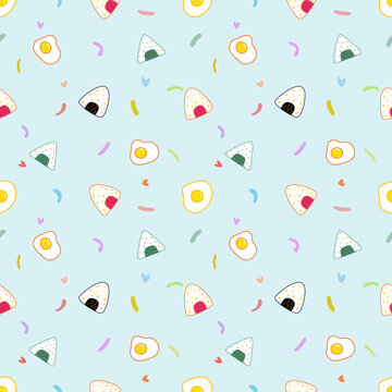 Playful seamless pattern featuring kawaii Japanese onigiri rice balls, fried eggs, and colorful doodles on a pastel blue background. Perfect for fabric, wallpaper, packaging, and kids designs.