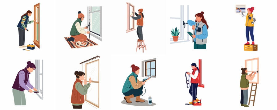 Collection of flat illustrations showing people weatherizing and winterizing windows for energy efficiency, including sealing, caulking, and applying insulation film.