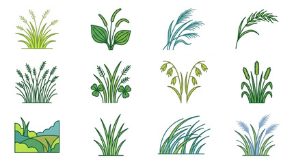 Collection of stylized grass and plant illustrations. © MndlL