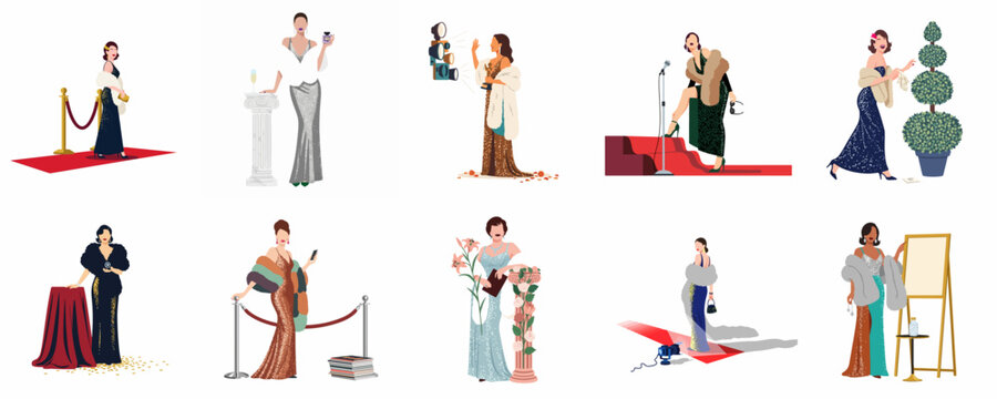 A collection of minimalist flat vector illustrations depicting glamorous women in elegant evening gowns at a red carpet event.