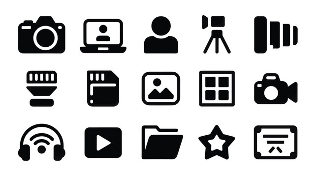 Set of 15 Black Photography and Multimedia Icons Vector