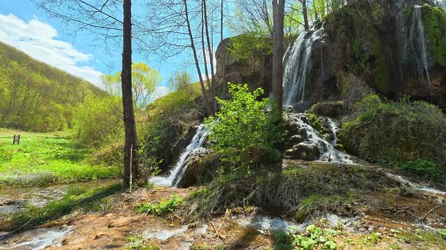Freshwater cascades tumble over mossy rocks. Bigar Waterfall, Stara Planina. (Balkan Mountains), Serbia.