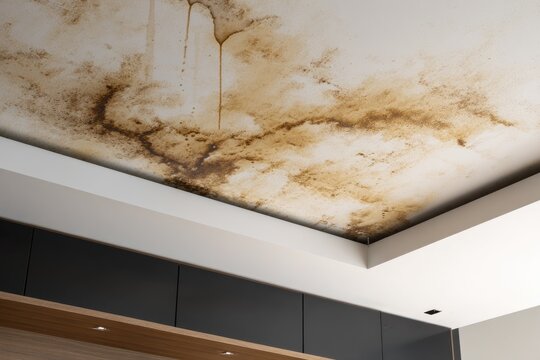 Water-stained ceiling with dark, spreading mold and drips indicating damage