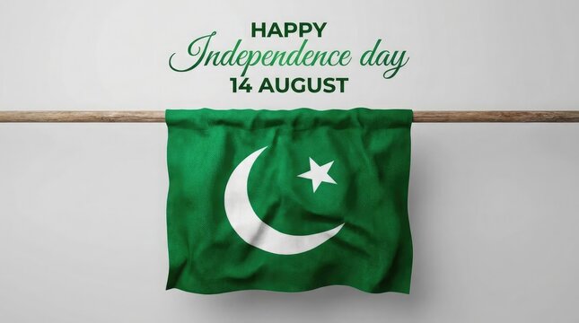Pakistani flag on a wooden pole with happy independence day text on grey background