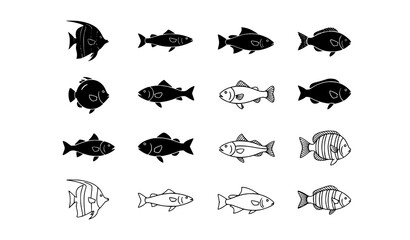 Obraz premium Modern fish vector icon bundle featuring solid black and outline style marine animal illustrations on white background