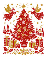 Obraz premium Festive Christmas scene with angels, decorated tree, and gifts