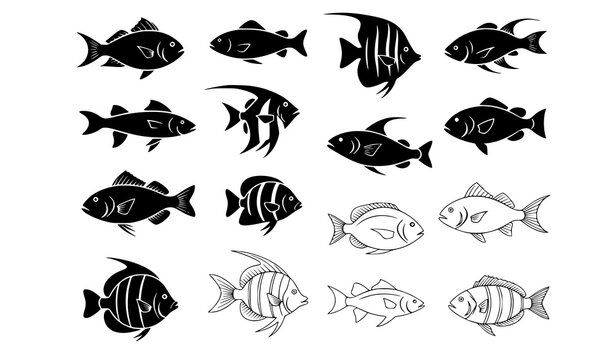 Fish icon set in solid black and outline style vector illustration collection for seafood design and marine concepts