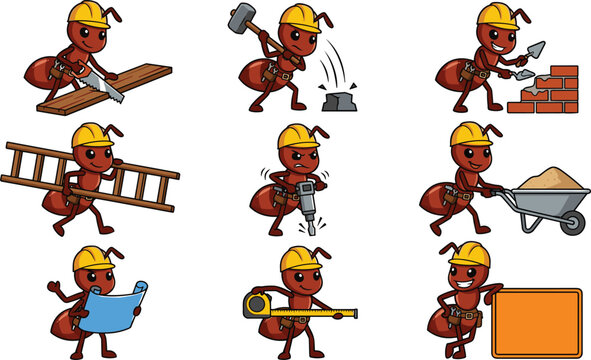 Cartoon Builder Ant Vector Illustration Set Featuring Construction Worker Insects Using Tools, Carrying Materials, and Performing Engineering Industry Activities