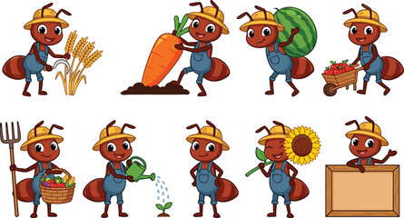 Obraz premium Cute Farmer Ant Character Vector Collection Featuring Cartoon Insects Harvesting Crops, Carrying Vegetables, Watering Plants, and Agricultural Farming Activity Scenes