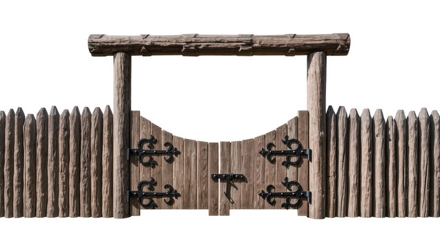 Rustic wooden gate with pointed log fence and ornate black hinges