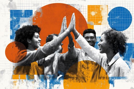 Four diverse people enthusiastically high-five each other with abstract orange and blue geometric shapes in the background, symbolizing teamwork and unity.