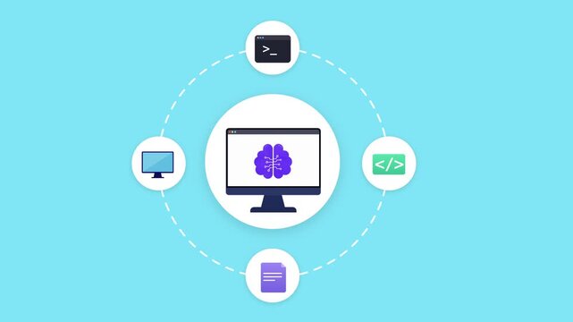 Animated flat technology dashboard featuring connected media devices, digital services, and centralized workflow interface in a modern network ecosystem.