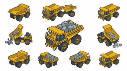 Collection of Yellow Mining Dump Trucks in Various Poses. © Naufal