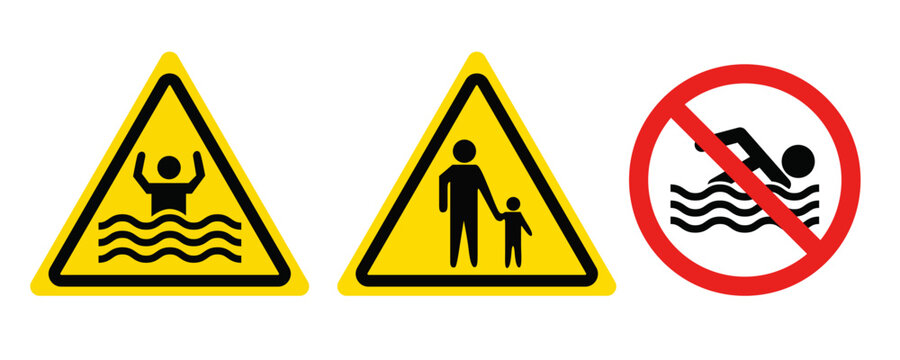 Water safety warning signs drowning hazard, parental supervision, and no swimming vector icons