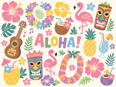Hawaiian vacation elements with Aloha text and tropical symbols