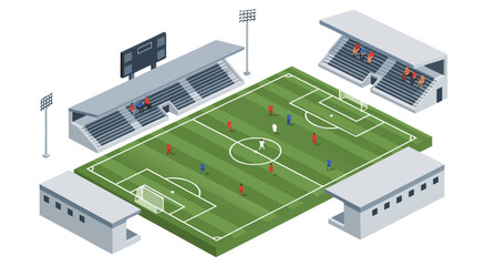 Soccer field illustration vector isometric view of a stadium with players and scoreboard, sports competition concept © Purnomo