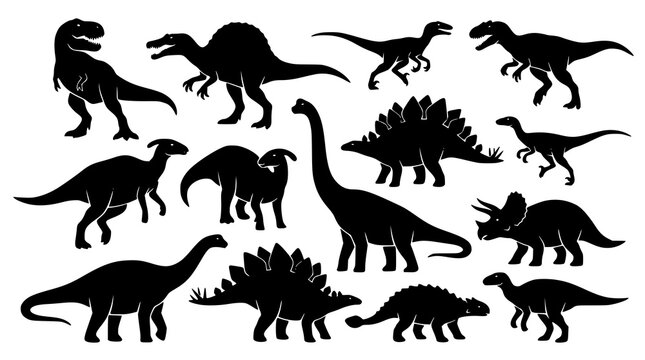 Trendy dinosaur silhouette vector bundle with prehistoric animal black shape illustration set
