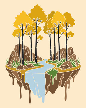 Floating island with mustard yellow aspen trees and rolling hills background vector illustration