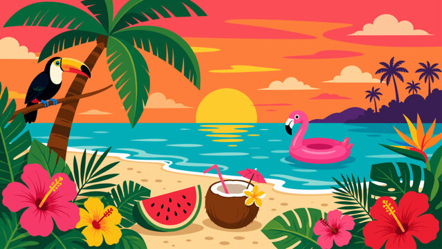 Vibrant tropical beach scene at sunset with toucan and flamingo float