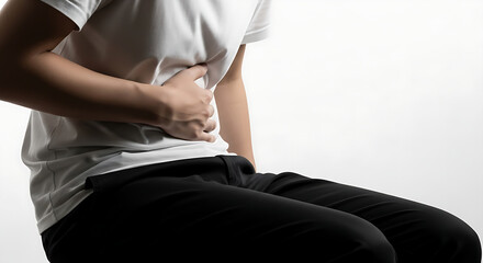 Obraz premium ​A man sitting and clutching his stomach in severe pain or cramp against a bright white background.