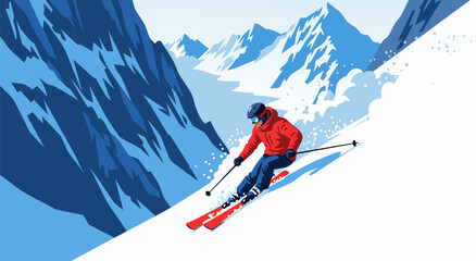 Dynamic vector illustration of a skier gracefully descending a snowy mountain slope, capturing the thrill of winter sports and alpine adventure © Purnomo