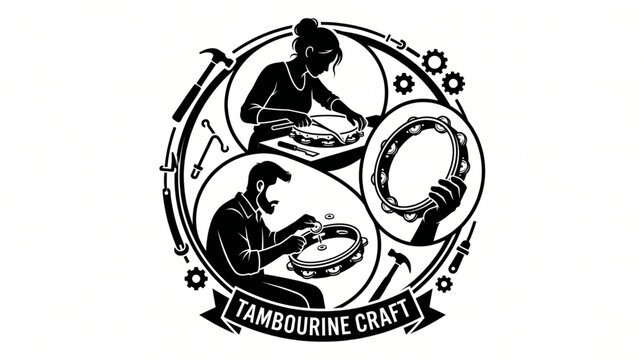Tambourine craft badge design with artisans manufacturing musical instruments, workshop tools, and round frame vector emblem
