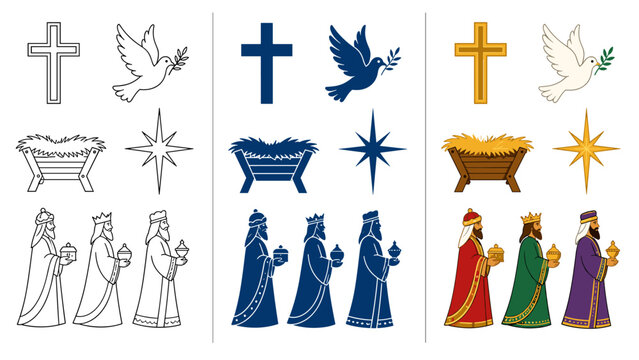 Colorful Christmas nativity scene illustrations with kings and symbols