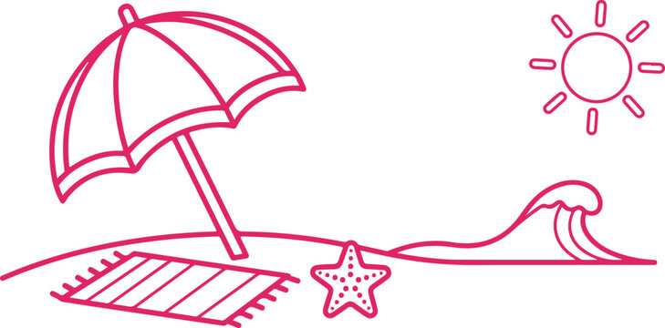 Beach theme vector illustration with parasol sun starfish and ocean waves on transparent backdrop.