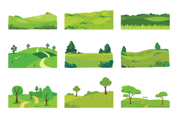 Green field landscape headers. Flat vector illustration of rural summer meadows and rolling hills with trees. © nguyenhuu