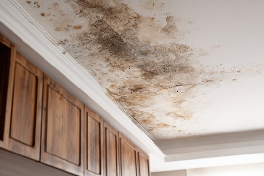 Textured ceiling shows significant water damage and mold growth, appearing to spread