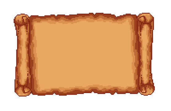 Game asset pixel art horizontal paper scroll or parchment banner. Blank retro document roll for fantasy RPG games. Isolated 8-bit ancient paper texture for game user interface, map, and quest messages