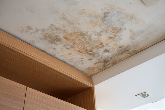 Ceiling discolored from water damage, with mold growth visible