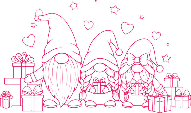Three cute christmas gnomes with gifts on a transparent background for holiday season decoration.