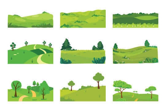 Green field landscape headers. Flat vector illustration of rural summer meadows and rolling hills with trees.