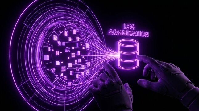 Futuristic digital interface showing data aggregation and database interaction.