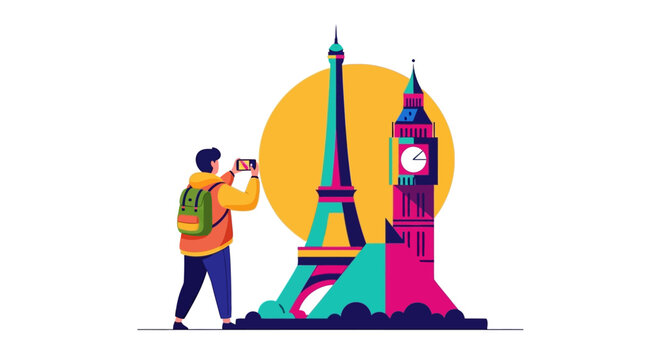 Traveler photographing iconic European landmarks in vibrant illustration.