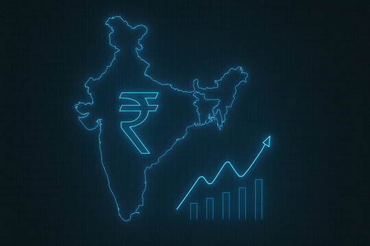 India map with Indian rupee symbol and financial growth chart, economic development concept. Glowing digital neon outline representing rising economy, business investment, stock market performance, fi