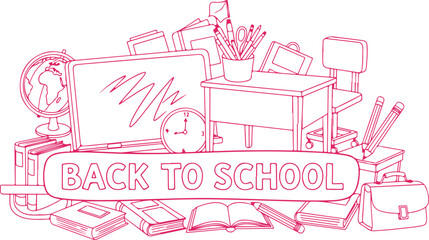 Fototapeta premium Back to school concept with educational supplies on a transparent background vector line art style.