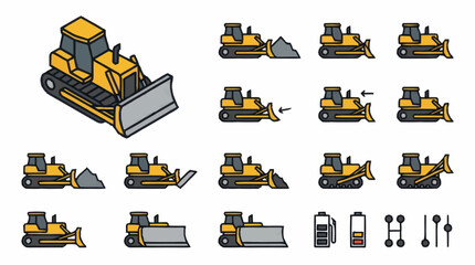 Yellow bulldozer construction vehicle isometric icons and elements. © Naufal