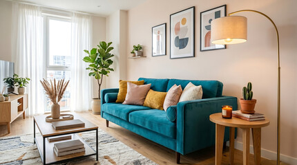 Fototapeta premium bright modern living room interior with vibrant teal velvet sofa wooden coffee table arched floor lamp abstract gallery wall art and tall fiddle leaf fig plant