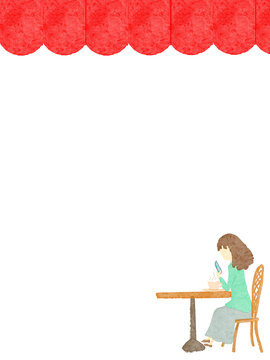 白バックに赤い屋根の下で一人の女性がカフェでくつろいでいる背景イラスト